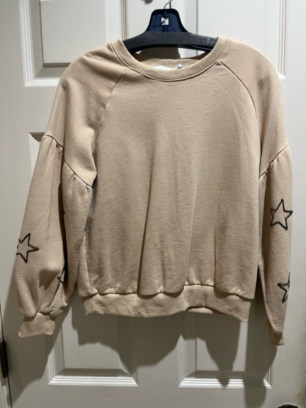 Lush Beige Crewneck Sweatshirt with Star Sleeve Embroidery